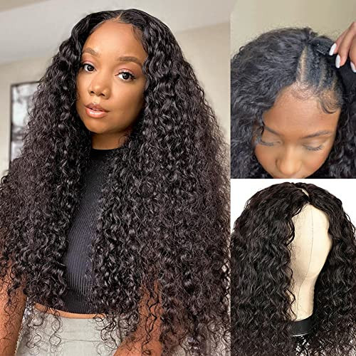 ISEE 20 Inch Water Wave V Part Wig, Human Hair, No Leave Out, Brazilian Glueless Curly Wave, Upgrade U Part Wigs for Black Women, 180% Density, Natural Color | Amazon (US)