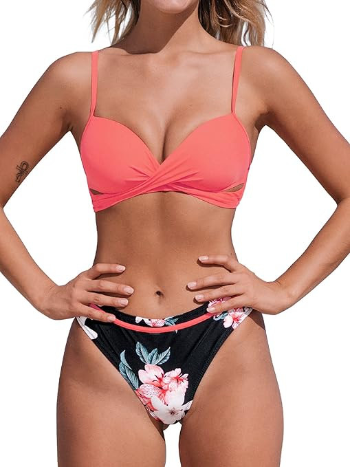 CUPSHE Women's Wrap Top Floral Bottom Bathing Suit Two Piece Sexy Swimsuit | Amazon (US)