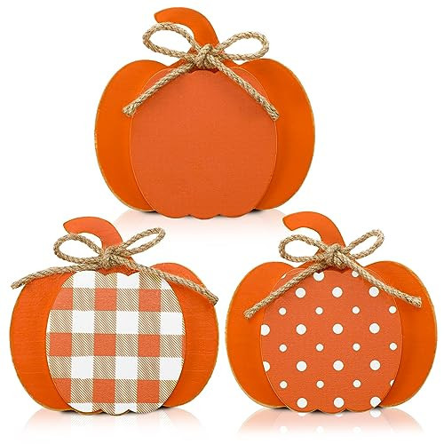 Thyle 3 Pcs Fall Decorations Wooden Pumpkin Decor Fall Pumpkin Table Decorations Thanksgiving Buffalo Plaid Autumn Centerpieces Tabletop Tiered Tray Sign for Indoor Home Office Gift(Orange, White) | Amazon (US)