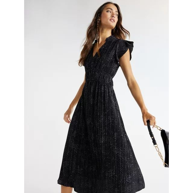 Time and Tru Women's Plisse Midi Dress with Flutter Sleeves, Sizes XS–XXXL | Walmart (US)