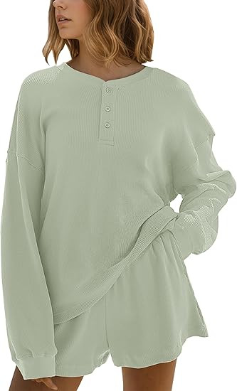 MISSACTIVER Waffle Knit Lounge Sets for Women Long Sleeve Oversized Sweatshirt Elastic Waist Shor... | Amazon (US)