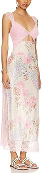 Women Sexy Lace Patchwork Mesh Maxi Dress Floral Print Cutout Sweetheart Neck Backless Slit Summe... | Amazon (US)