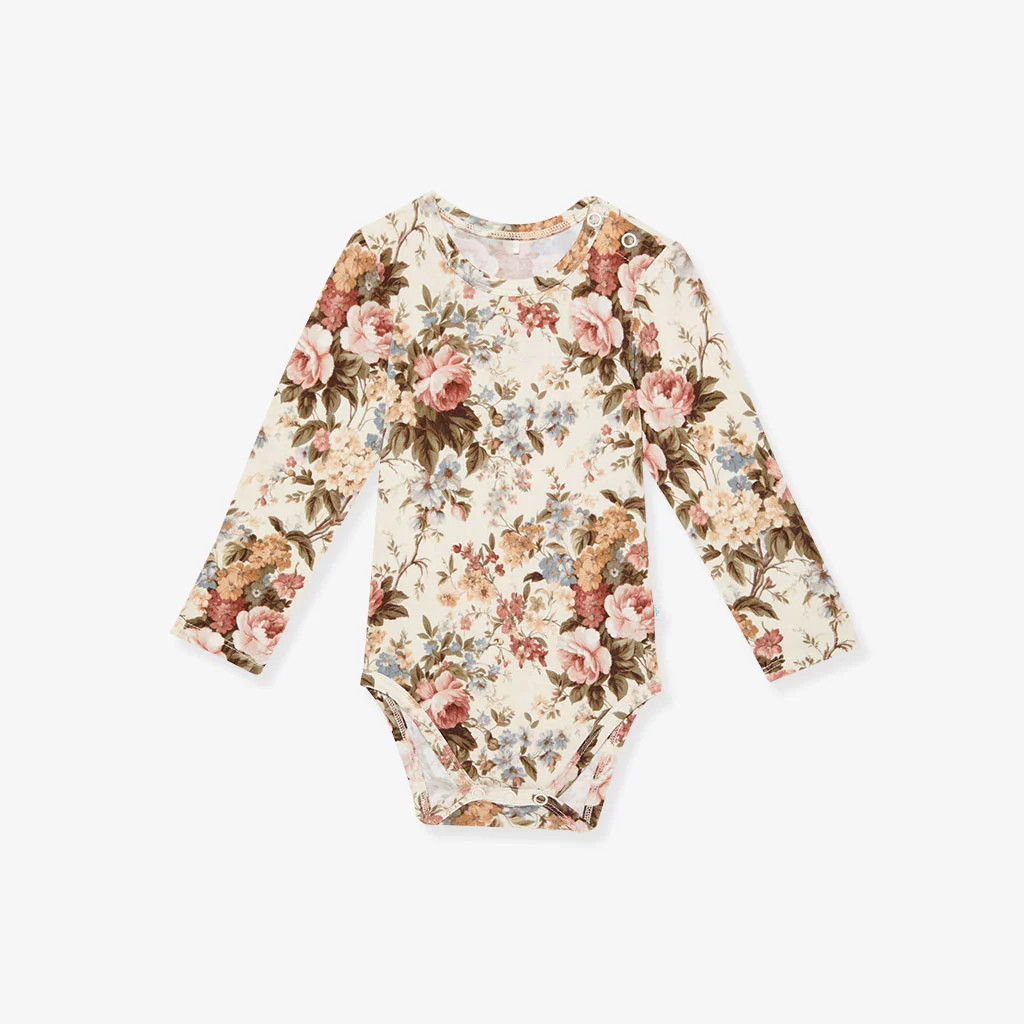 Floral White Long Sleeve Baby Bodysuit | Dauphine | Posh Peanut