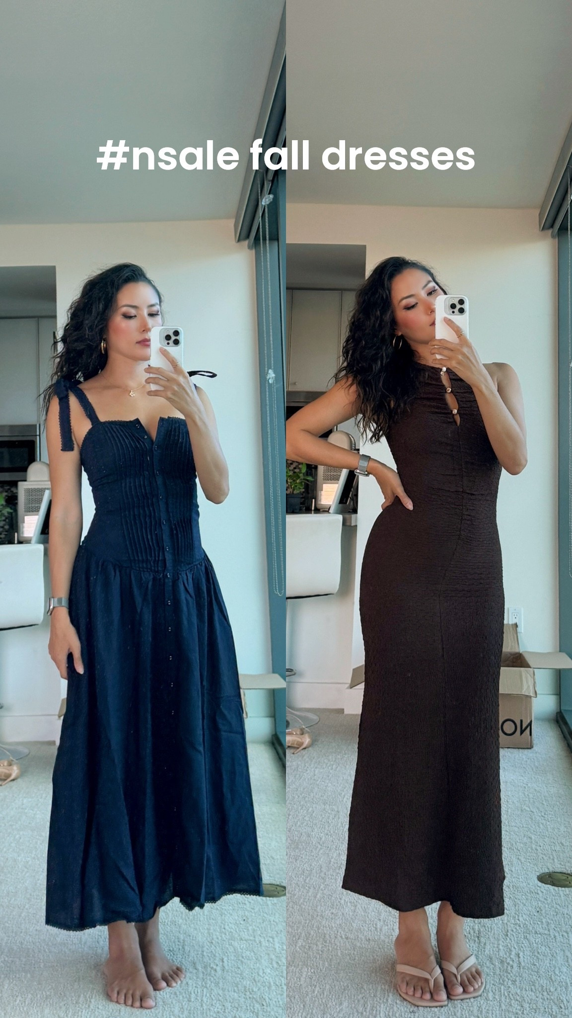 How gorgeous are these Nordstrom anniversary fall dresses! Size XS in the left (navy one) and size S in the right (brown one - this is one size up for me) both are very stretchy! #nsale

#LTKootd #LTKSaleAlert
