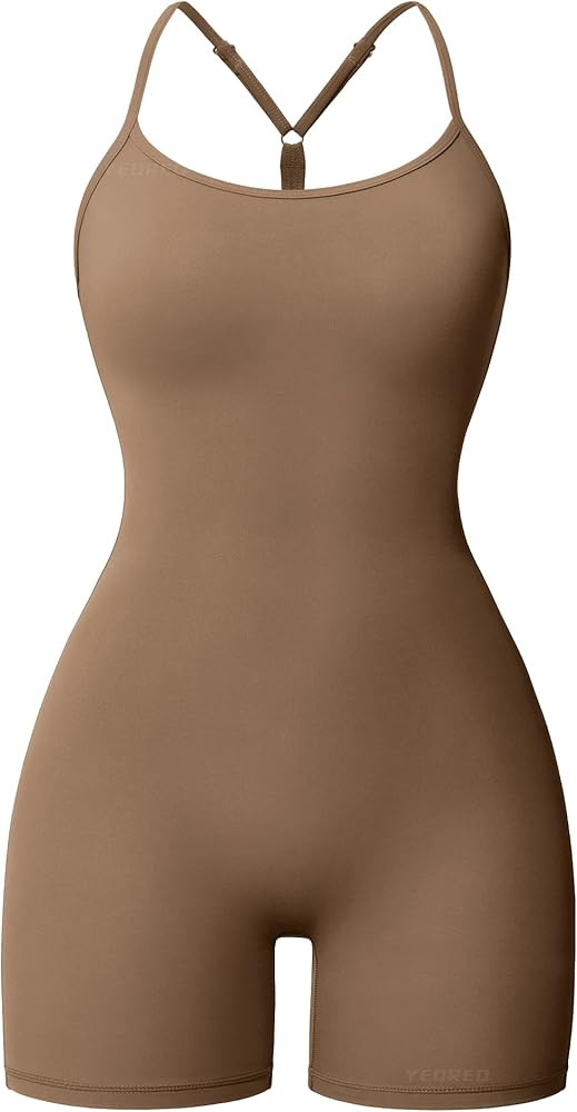 YEOREO Women Strappy Y Back Workout Short Jumpsuit Spaghetti Backless One Piece Bodycon Sleeveles... | Amazon (US)