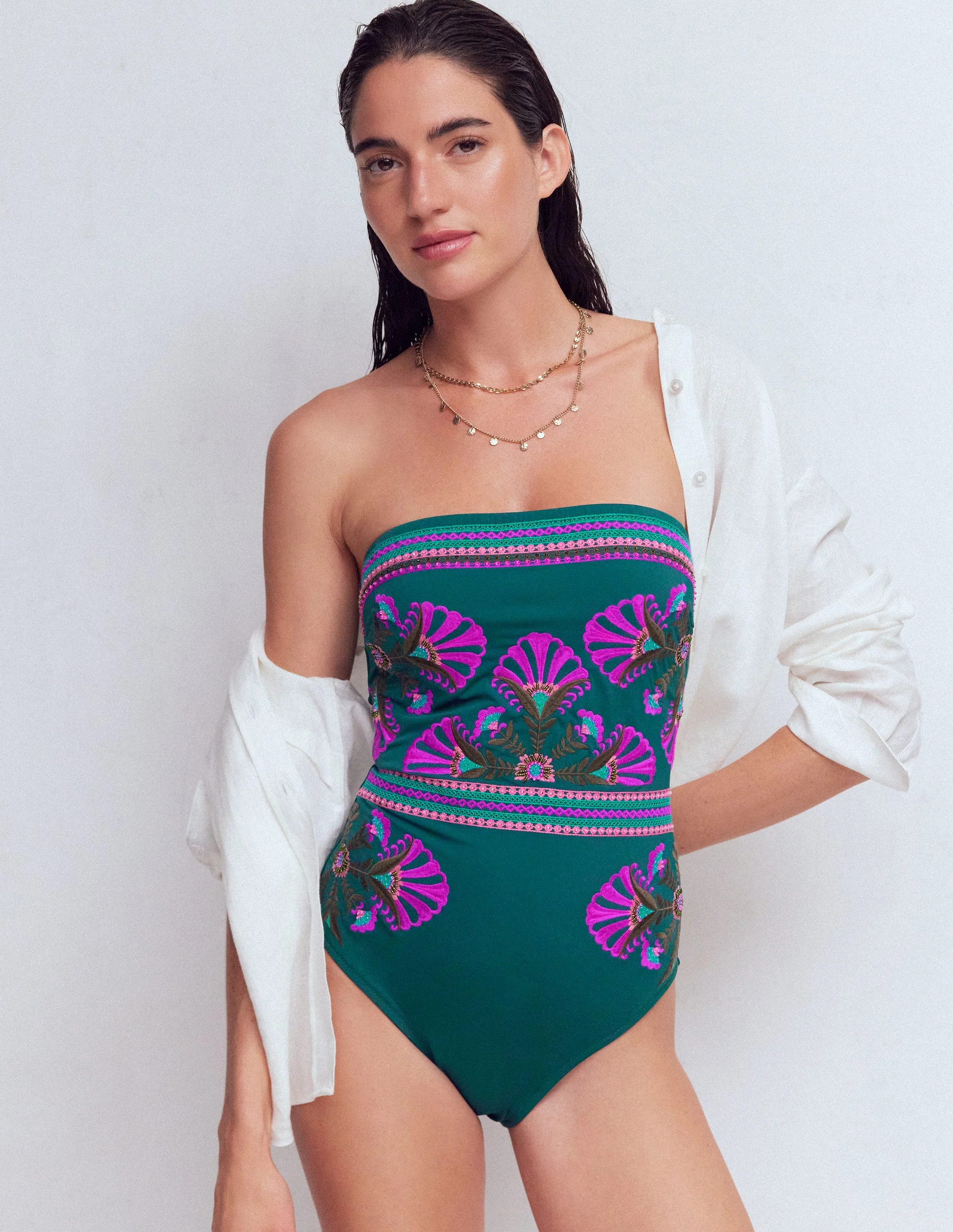 Paros Bandeau Swimsuit-Atlantic Blue, Embroidery | Boden (US)