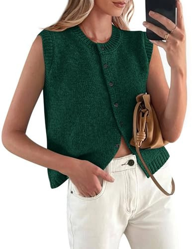 PRETTYGARDEN Sweater Vest Tops for Women 2026 Lightweight Summer Cardigan Sleeveless Button Up Knit Casual Spring Clothes (Dark Green,Medium) | Amazon (US)