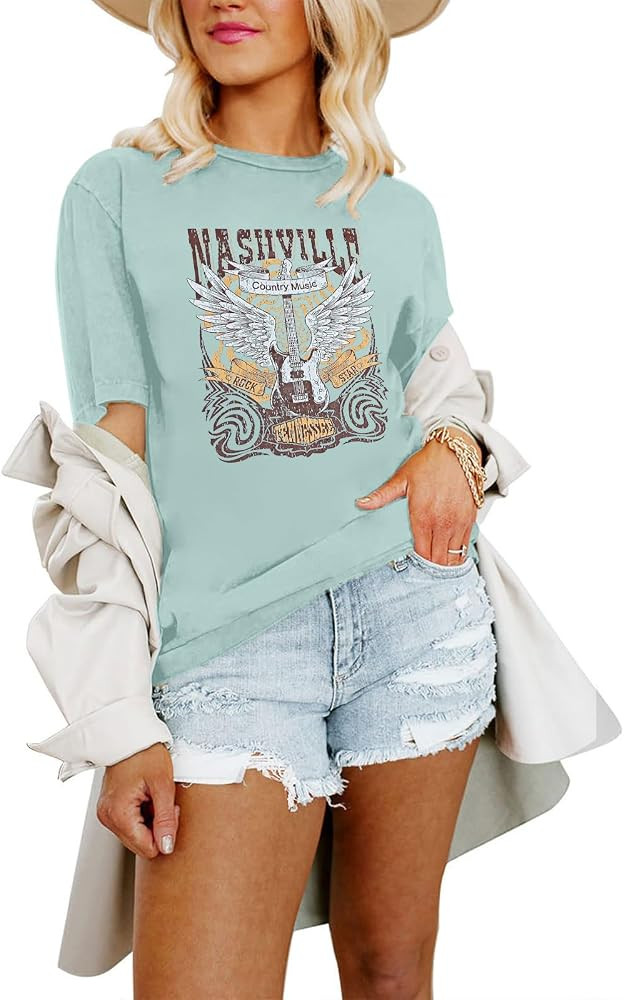 Binshre Women's Nashville T Shirts Country Music Concert Tshirts Distressed Graphic Short Sleeve ... | Amazon (US)