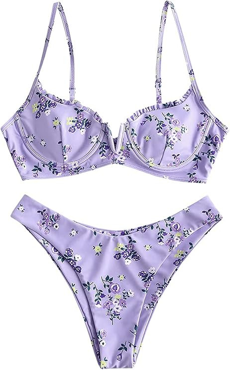 ZAFUL Women's Underwire Bikini Floral High Cut Bikini Set V-Wired Two Piece Swimsuit Bathing Suit | Amazon (US)