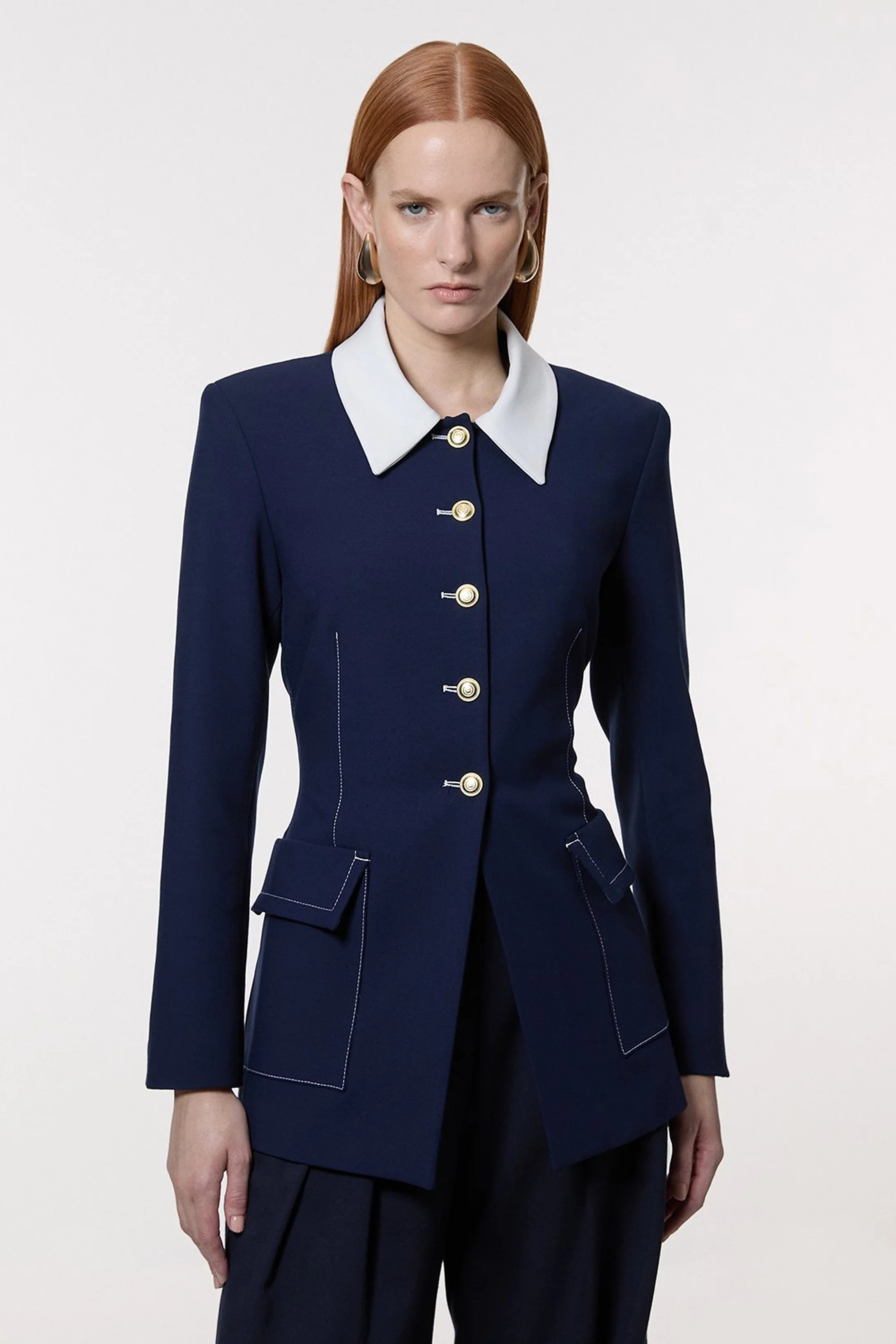 Compact Stretch Tailored Contrast Collar Single Breasted Longline Jacket | Karen Millen UK + IE + DE + NL