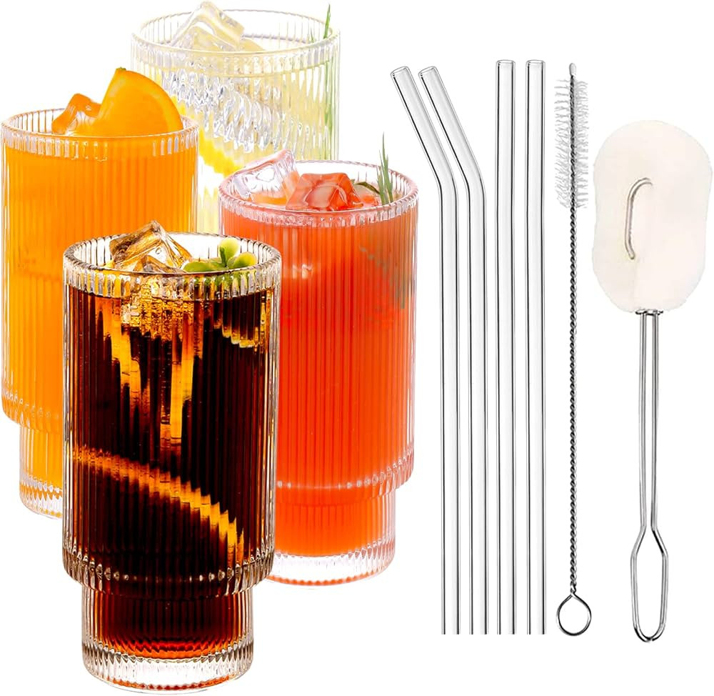 4-Pack 11oz Ribbed Glass Cups with Glass Straws, Stackable Elegant Ripple Vintage Drinking Glassw... | Amazon (CA)