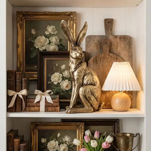 Gold Finish Standing Rabbit Figure | Antique Farm House
