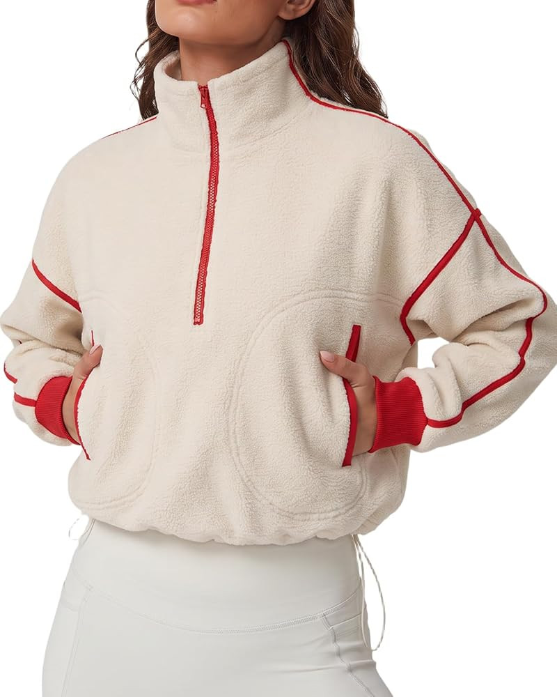 QINSEN Women's Half Zip Fleece Short Pullover Sweatshirt Winter Long Sleeve Cozy Sherpa Sweater T... | Amazon (US)