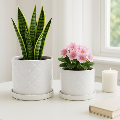Decorative Scallop Design Planters - Plant Pots with Saucers for Indoor and Outdoor Plants, Succulents, or Herbs - Set of 2, 10", 9", White | Target