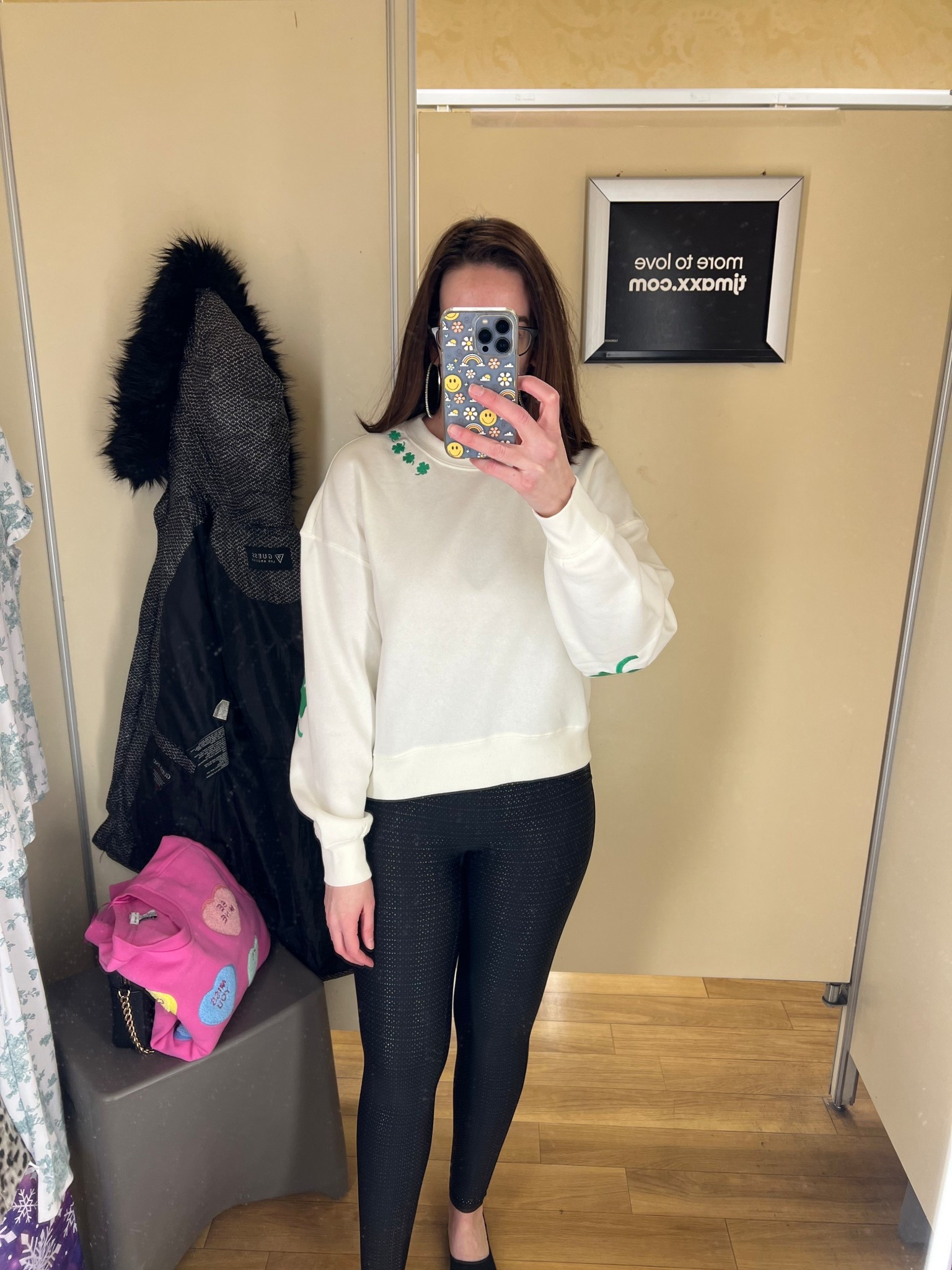 White cropped sweatshirt with shamrocks (small). Black faux leather leggings (small). #sweatshirt #croppedsweatshirt #whitesweatshirt #shamrocksweatshirt #leggings #blackleggings #fauxleatherleggings #stpatricksday #stpatricksdayoutfit 
@Spanx @tjmaxx 

#LTKSeasonal #LTKootd
