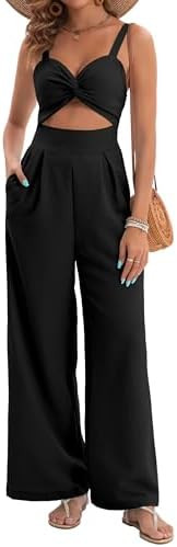 Womens Summer Jumpsuits Dressy Sexy V Neck Twist One Piece Outfits Sleeveless Casual Wide Leg Lon... | Amazon (US)