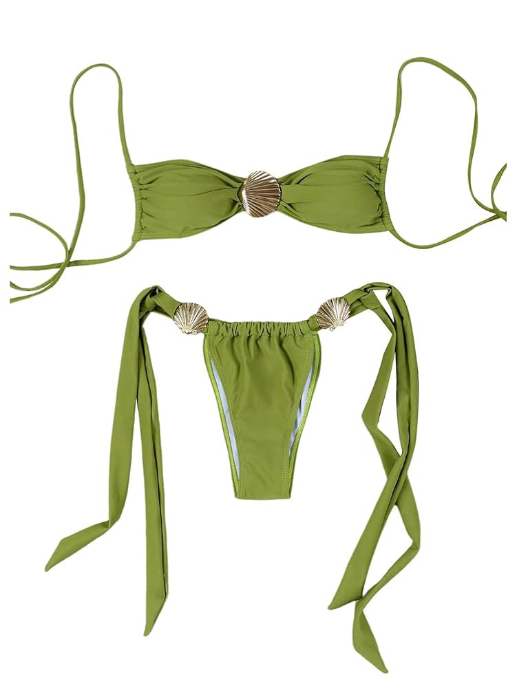 SHENHE Women's Cheeky Two Piece String Bikini Set Shell Ring Ruched Brazilian Thong Swimsuits | Amazon (US)