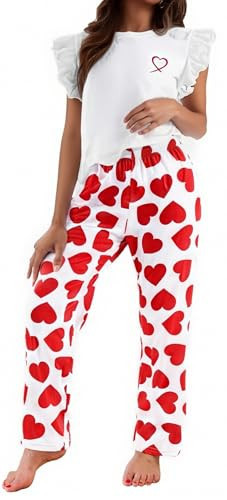 UNIQUEONE Womens Pajamas Sets Valentines Pj Set Cute Heart Print Long Sleeve Shirt with Long Pants Set Red | Amazon (US)