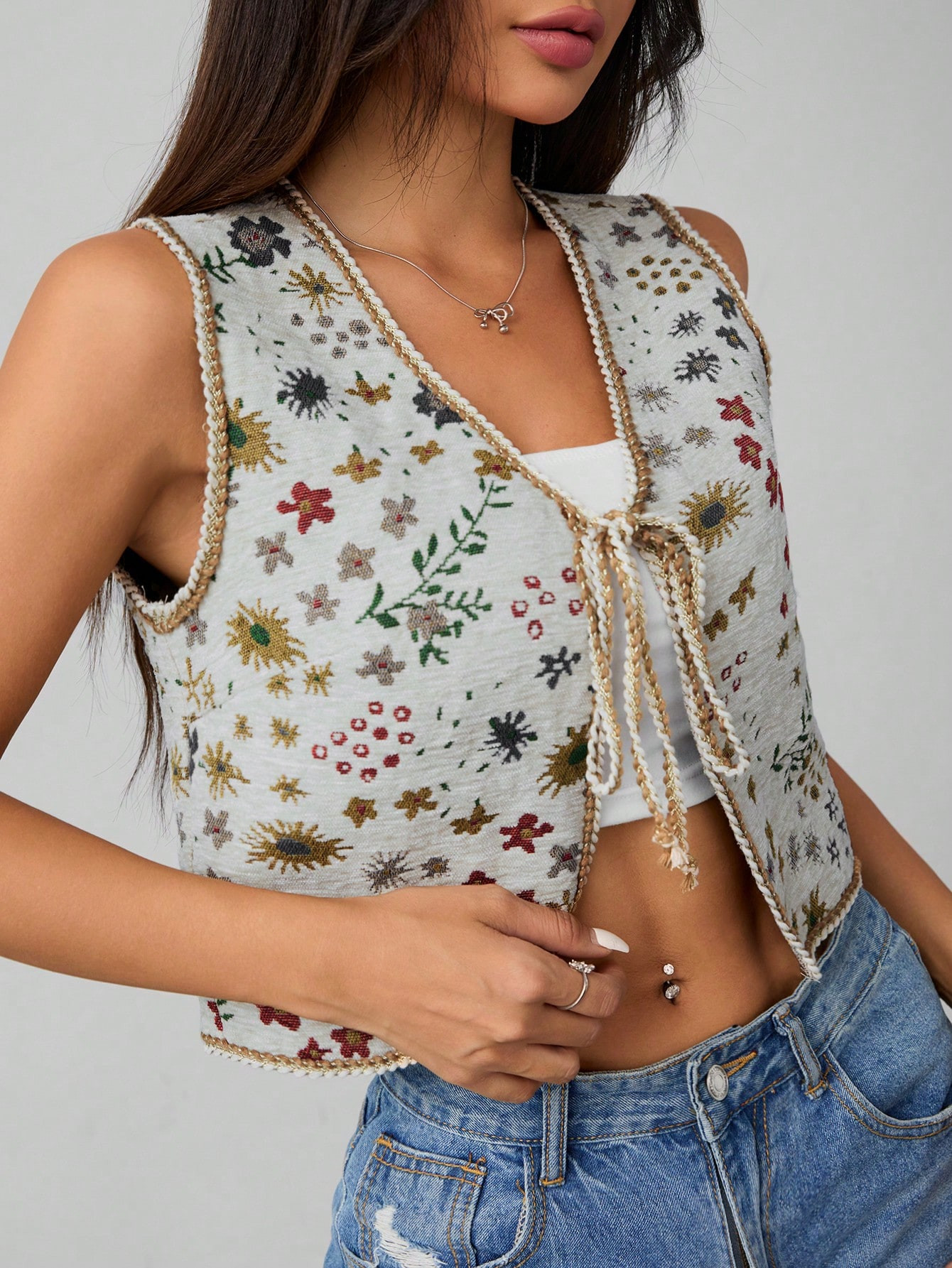 SHEIN PETITE Women's Jacquard Belted Vest Boho Jacket | SHEIN