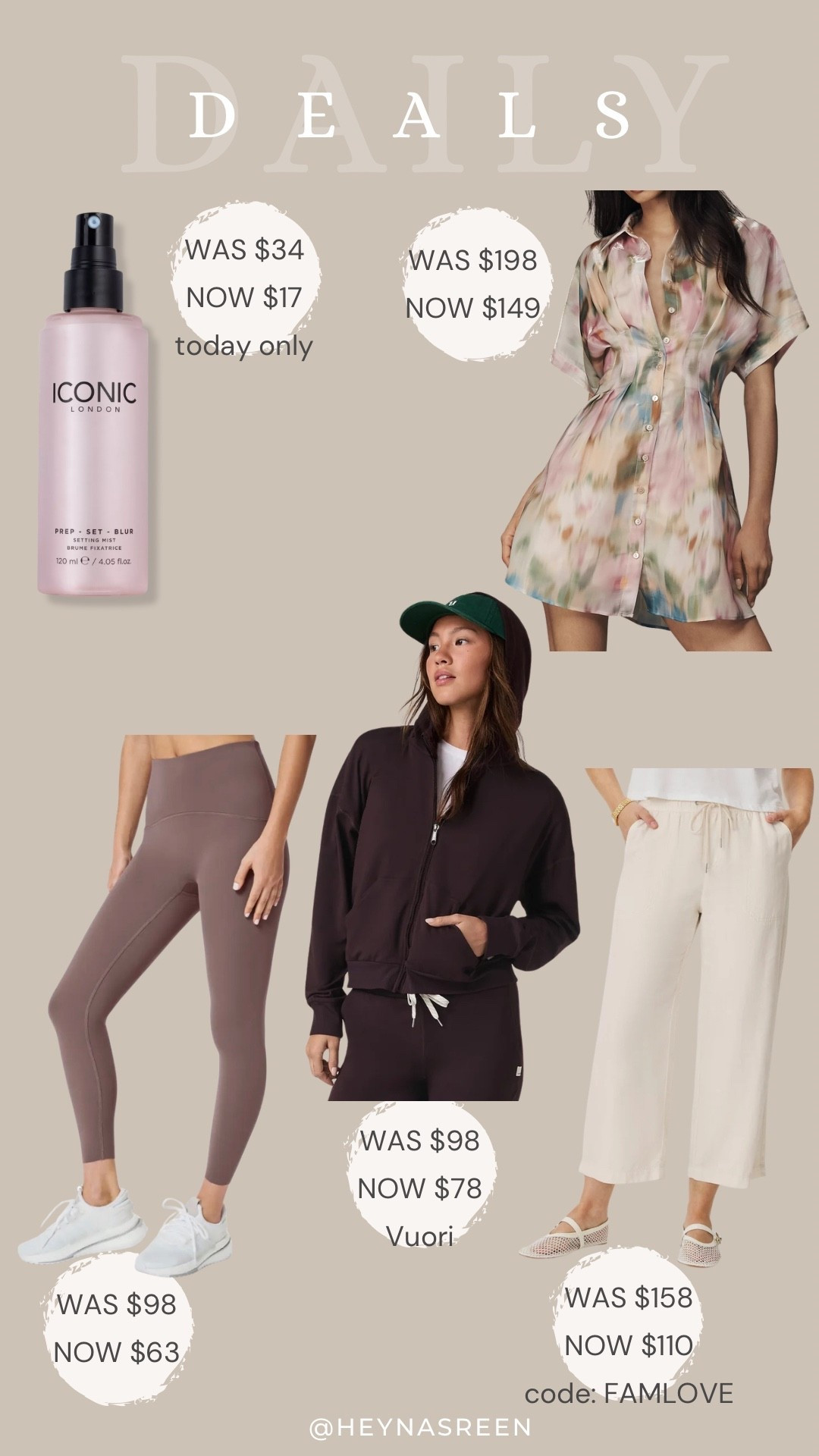 Daily deals on Iconic London setting spray, Anthropologie dress, Splendid pants, Vuori hoodie, Spanx leggings 