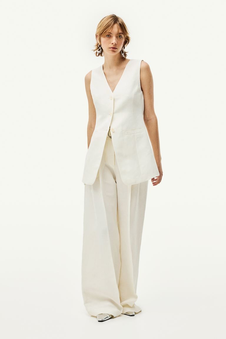 Linen-blend suit waistcoat - V-neck - Regular length - White - Ladies | H&M GB | H&M (UK, MY, IN, SG, PH, TW, HK)