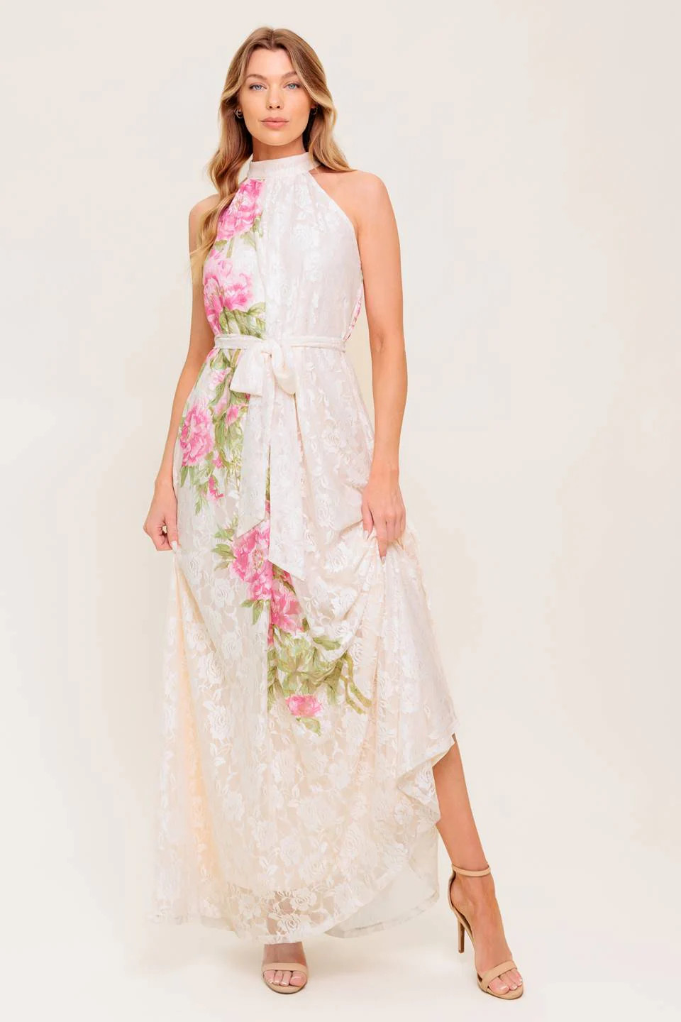 ROSE GARDEN - IVORY LACE HALTER MAXI DRESS | Lady Black Tie