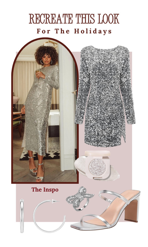 Recreate this look! Glam up for the holidays with this shimmery dress and sparkling accessories. 

 #LTKHoliday #LTKootd