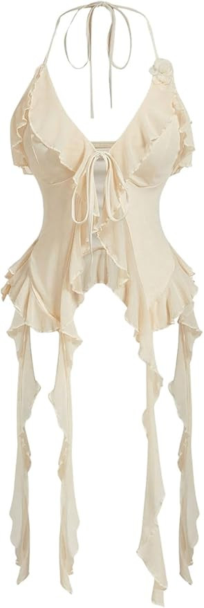 MakeMeChic Women's Floral Halter Top Tie Front Y2K Backless Ruffle Trim Fringe Camisole | Amazon (US)