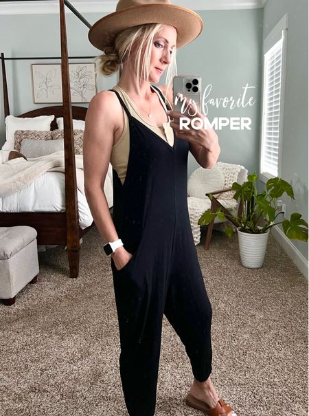 I wear this romper year round. Style with tank and flips or sweater and boots. Hands down, my favorite romper. Comes in lots of colors and sizes. This is the black XS. Love the wide leg one too but smallest size is S. #amazon #fashion 

#LTKunder50 #LTKstyletip