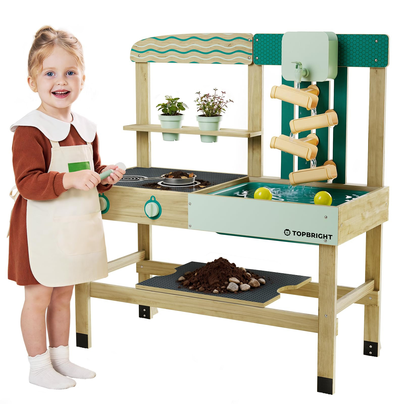 TOP BRIGHT 4 In 1 Mud Kitchen for Kids, Wooden Outdoor Playhouse for Water & Sand Play, Cooking &... | Amazon (US)