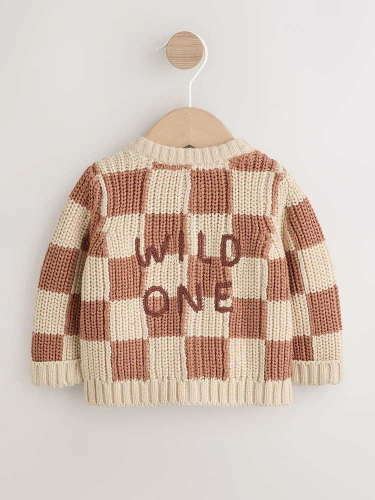 Tan/Ecru Checkerboard Embroidered Slogan Knitted Baby Cardigan (0mths-2yrs) | Next EU