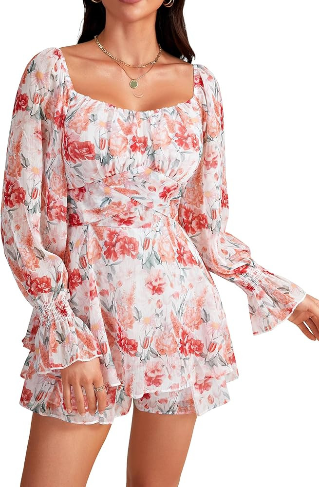 LYANER Women's Floral Print Off Shoulder Long Sleeve Ruffle Hem Romper Short Jumpsuit | Amazon (US)