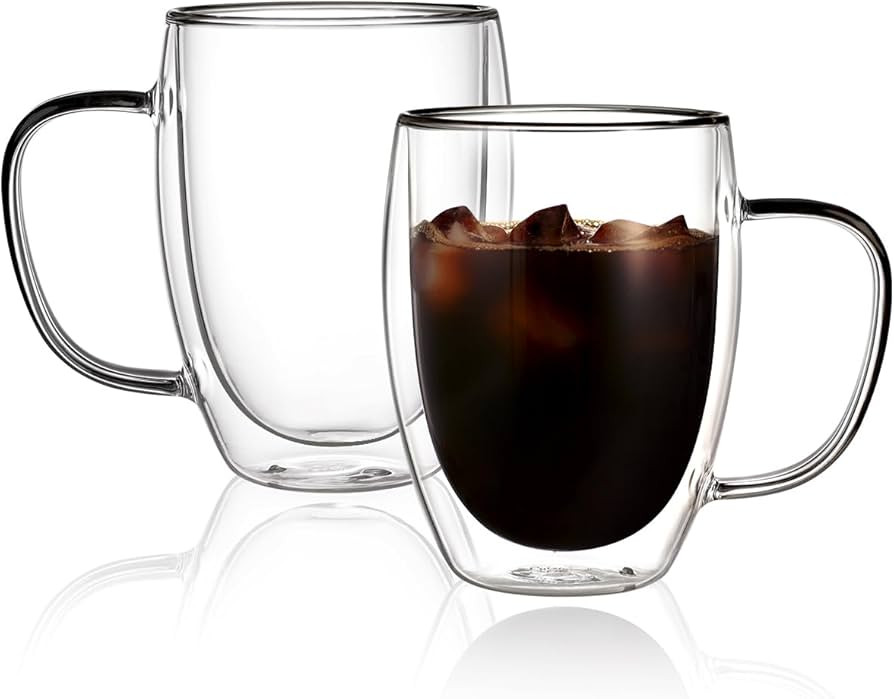 CNGLASS 12oz Double Walled Glass Coffee Mugs,Insulated Glass Mugs with Handle,Clear Espresso Cups... | Amazon (US)