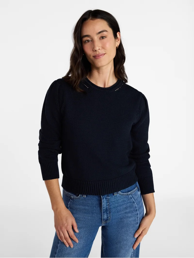 Time and Tru Women's Crewneck Sweater with Long Puff Sleeves, Lightweight, Sizes XS-XXXL | Walmart (US)