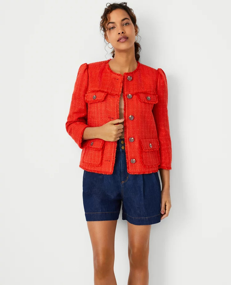 Petite Cropped Fringe Tweed Jacket | Ann Taylor (US)