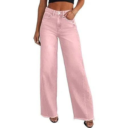 PRETTYGARDEN Wide Leg Jeans for Women Trendy High Waisted Stretchy Baggy Raw Hem Denim Palazzo Pants with Pockets | Walmart (US)