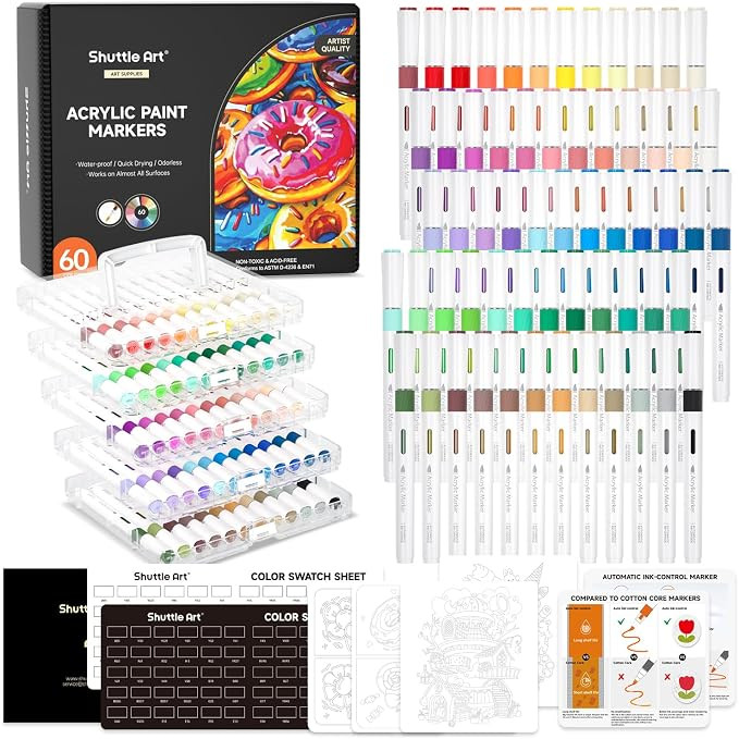 Shuttle Art Automatic Ink Control Acrylic Paint Markers, 60 Colors Brush Tip Acrylic Paint Pens f... | Amazon (US)