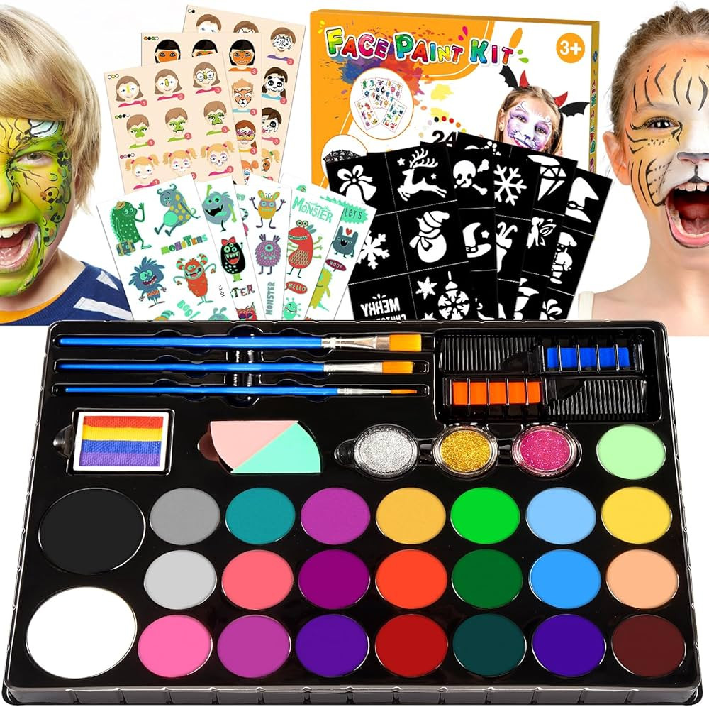 Face Painting Kit for Kids, 24 Colors Water Based Non-Toxic Face Paint with Stencils & Brushes, P... | Amazon (US)