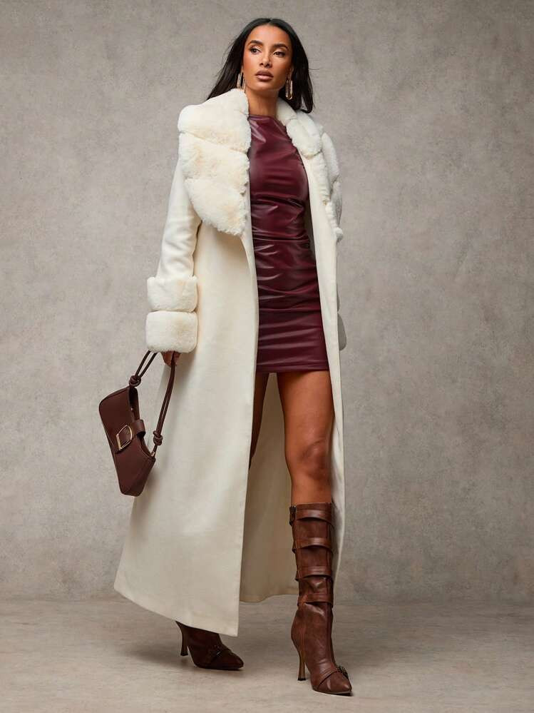 SHEIN BAE Women's Solid Color Fluffy Shawl Collar Long Sleeve Long Elegant Wool Blend Coat, Vintage Coat Winter Fall Women Clothes Halloween Customs Women Concert Outfits Winter Women Clothes Fur Coat Stylish And Warm, Suitable For Parties And Outings In Fall/Winter | SHEIN