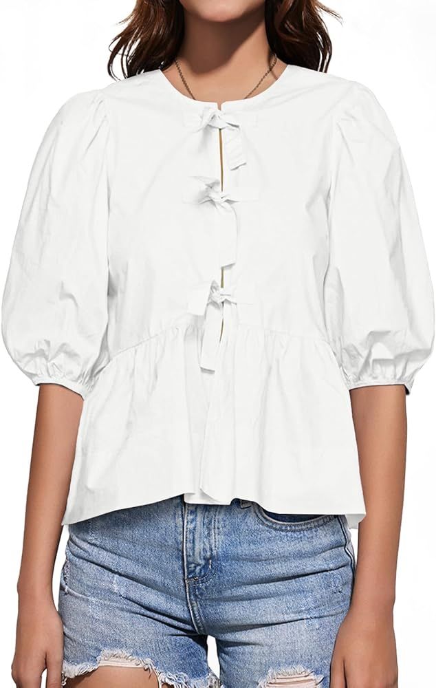 Tankaneo Womens Tie Front Tops Summer Peplum Babydoll Puff Short Sleeve Blouse Cute Cotton Shirts | Amazon (US)