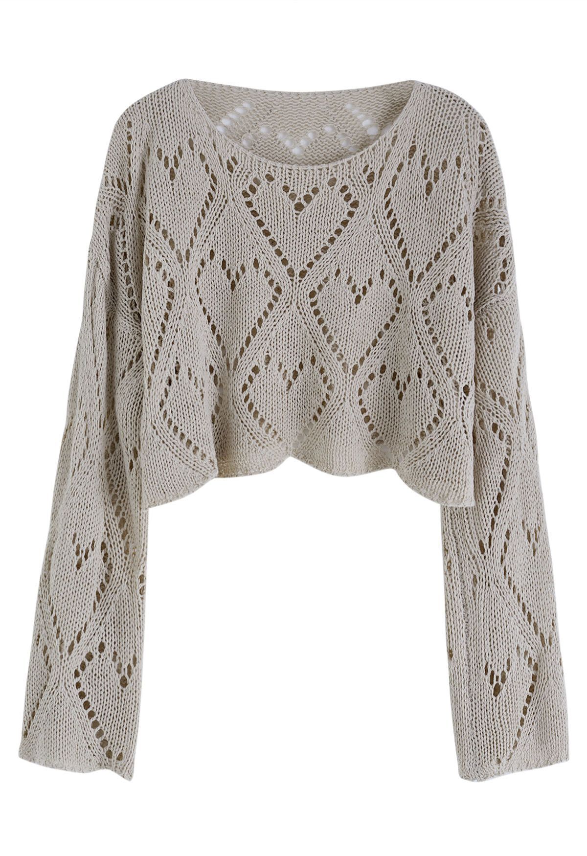 Heart Pattern Openwork Knit Top in Taupe | Chicwish