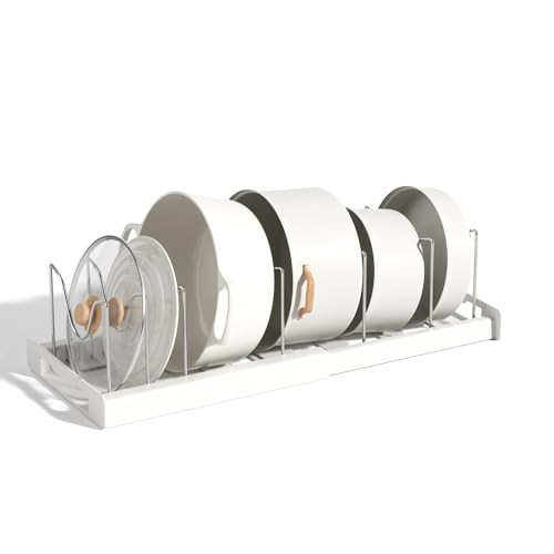 Beruyu Expandable Pot and Pan Organizer Rack for Cabinet, Pot Lid Organizer Holder with 7 Stainless Steel Adjustable Dividers for Kitchen Cabinet Organizer and Storage (White) | Amazon (US)