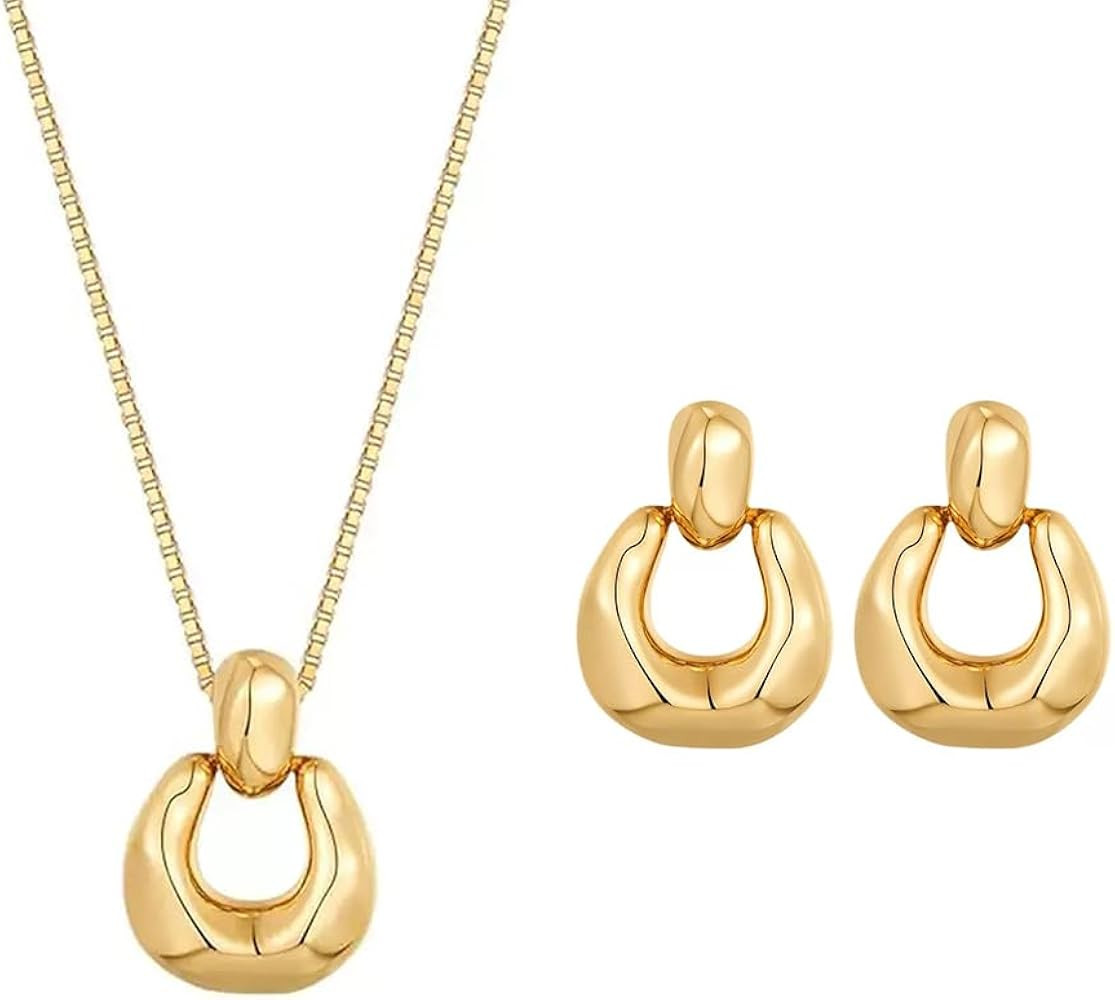 Gold Chunky Hoop Necklace Earrings Set Trendy Geometric Drop Statement Necklace Dangle Door Knock... | Amazon (US)