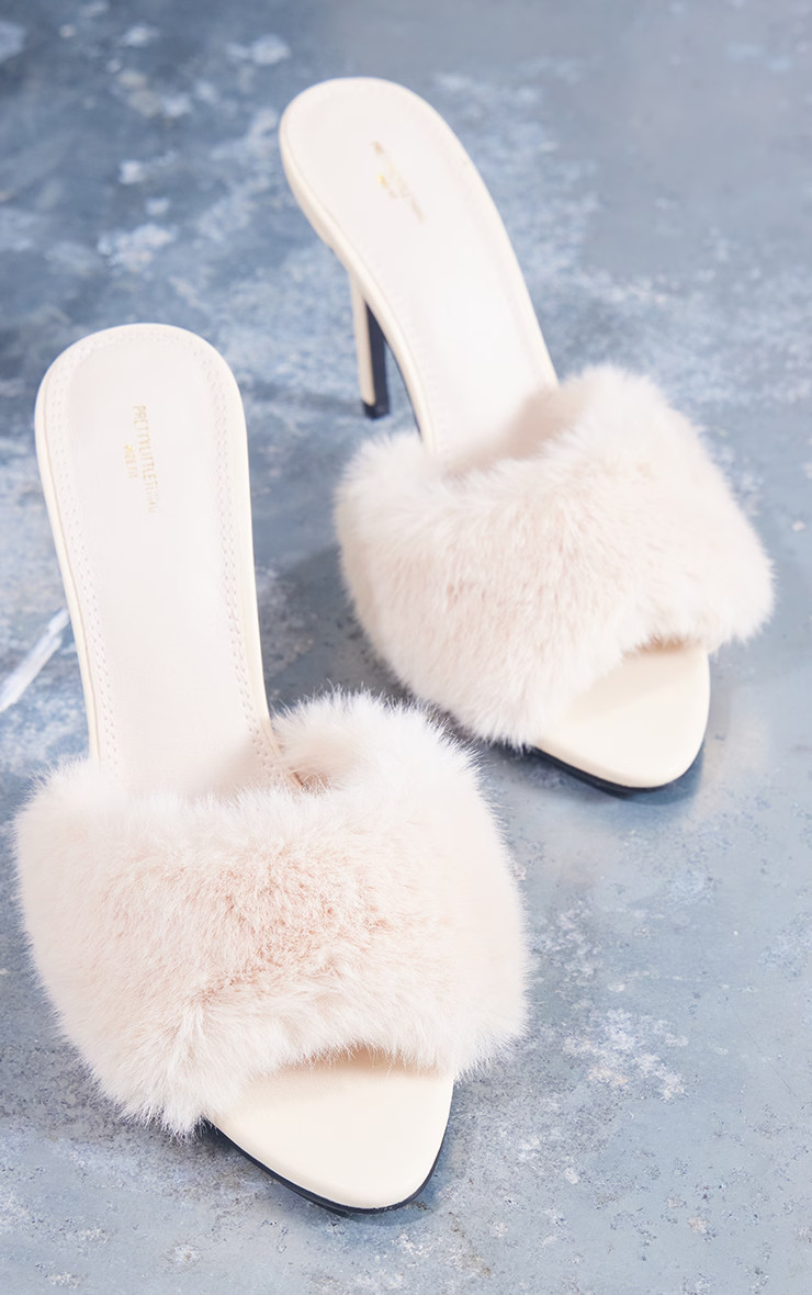 Cream Wide Fit Faux Fur Strap Point Toe High Heeled Mules | PrettyLittleThing US