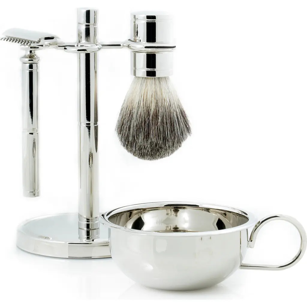 Bey-Berk Chrome Fusion Razor & Brush 4-Piece Shave Set in Silver at Nordstrom | Nordstrom