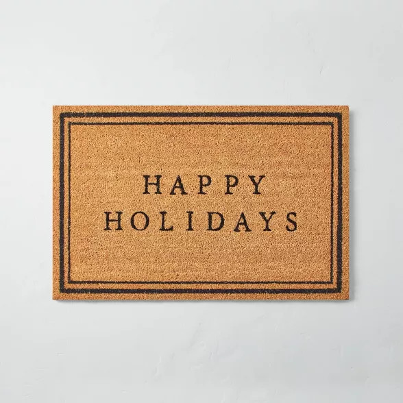 Happy Holidays Bordered Coir Doormat Tan/Black - Hearth & Hand™ with Magnolia | Target