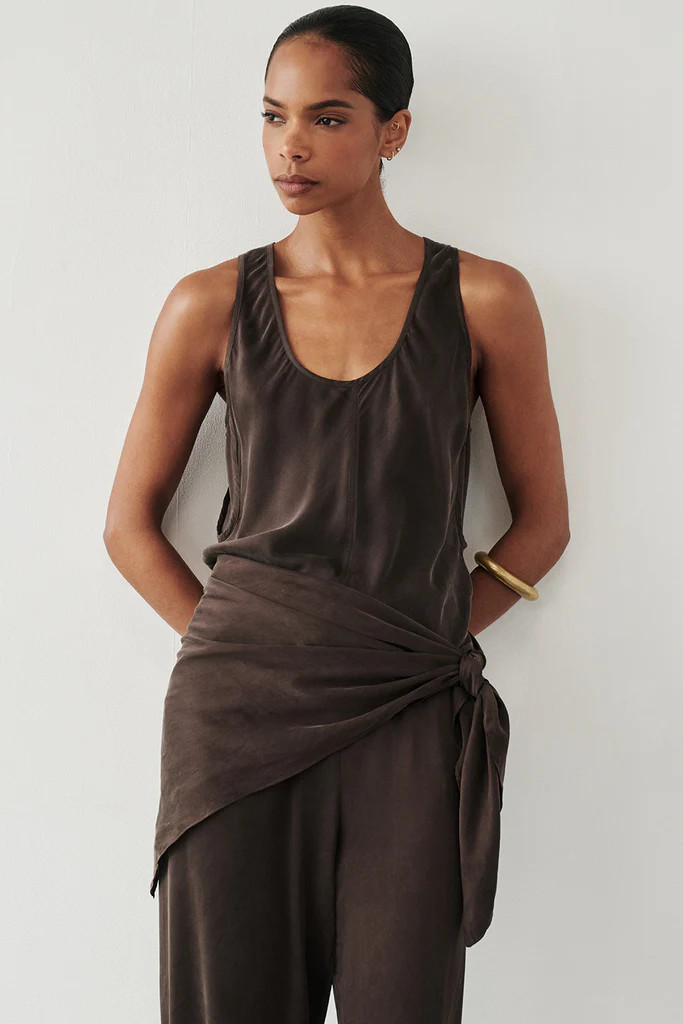 PERCY BITTER CHOC SILK SCARF TOP | DISSH