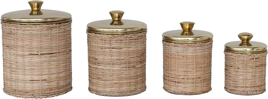 Creative Co-Op Rattan Wrapped Stainless Steel Canisters, Set of 4, Brass Finish Food Storage, 6" ... | Amazon (US)