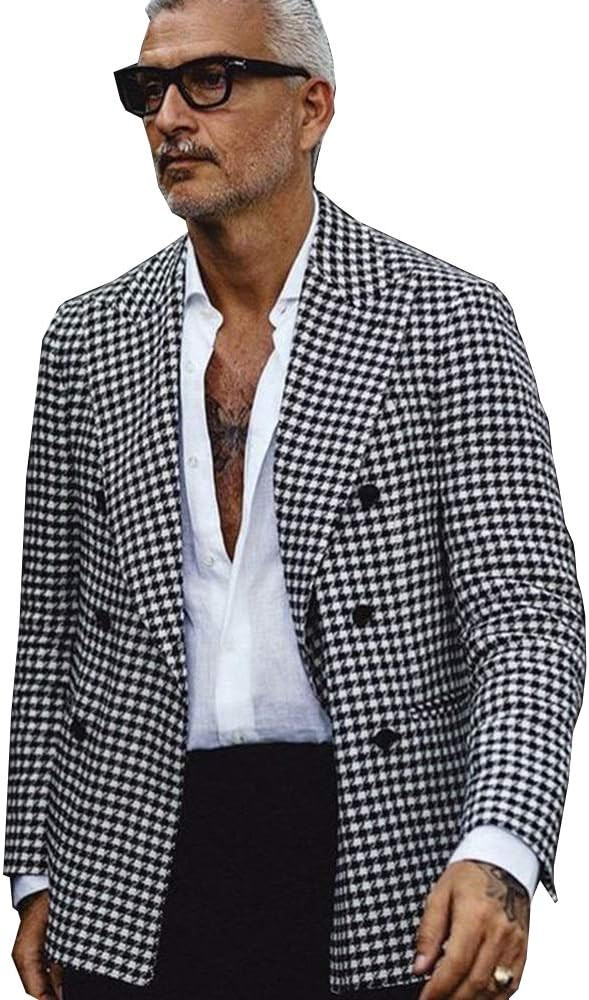QZI Men's Blazer Houndstooth Blazer Peak Lapel Double Breasted Suit Jacket Party Tuxedo Coat | Amazon (US)