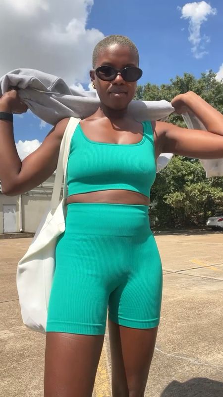 My favorite ribbed workout set! The true color is more teal than green. Pair with my grey bee you Crewneck sweatshirt, oval 90s sunglasses and black new balance walking shoes  

#LTKshoecrush #LTKfitness #LTKfindsunder50